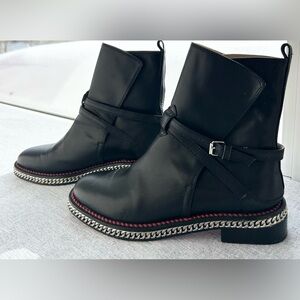 Authentic Christian Louboutin Black Leather Chelsea Boots with Chain Detail